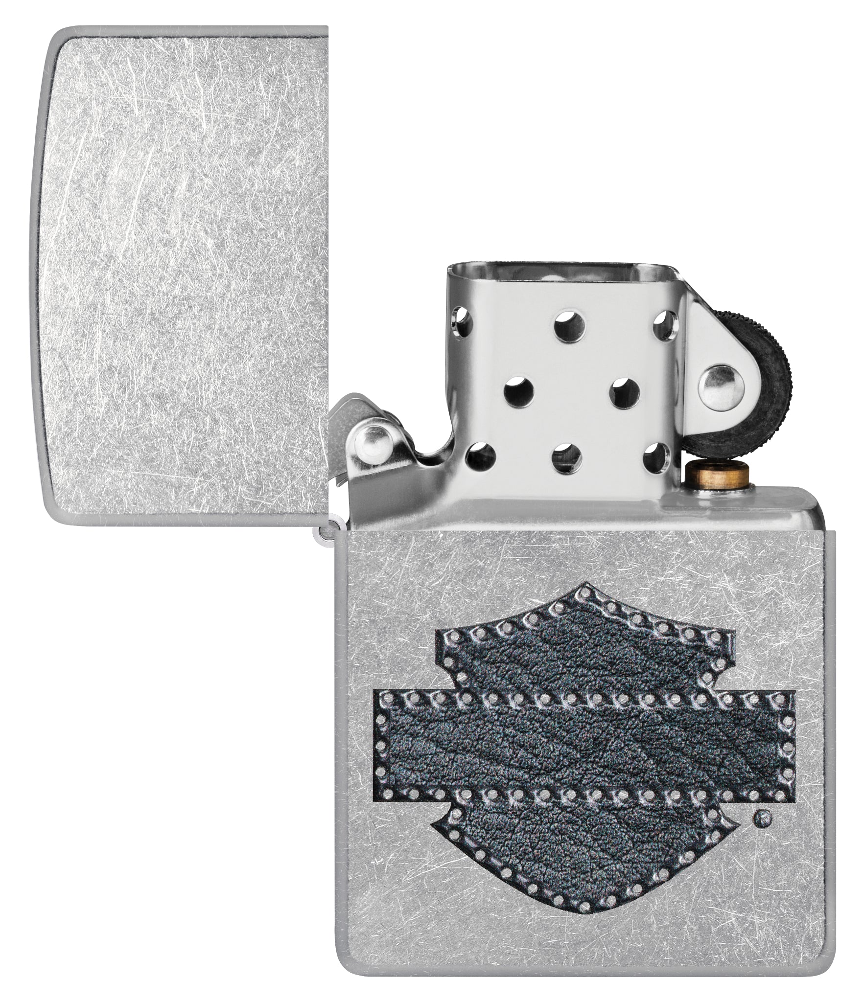 Zippo Harley-Davidson® Leathered Logo Design Street Chrome Windproof Lighter with its lid open and unlit.