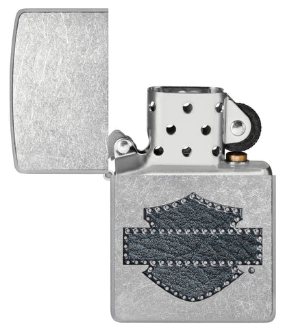 Zippo Harley-Davidson® Leathered Logo Design Street Chrome Windproof Lighter with its lid open and unlit.