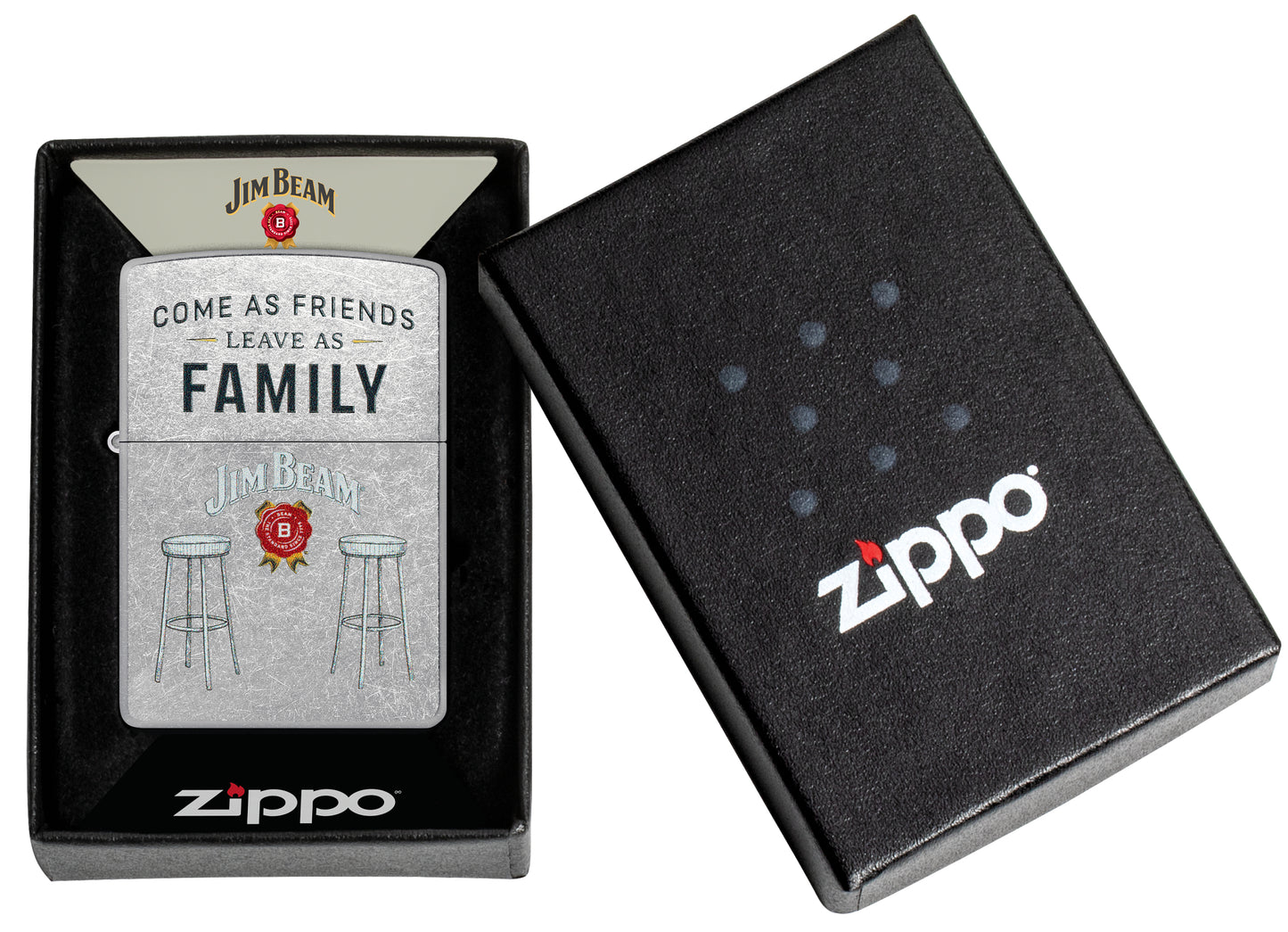 Zippo Jim Beam® Barstools Street Chrome Windproof Lighter  in its packaging.