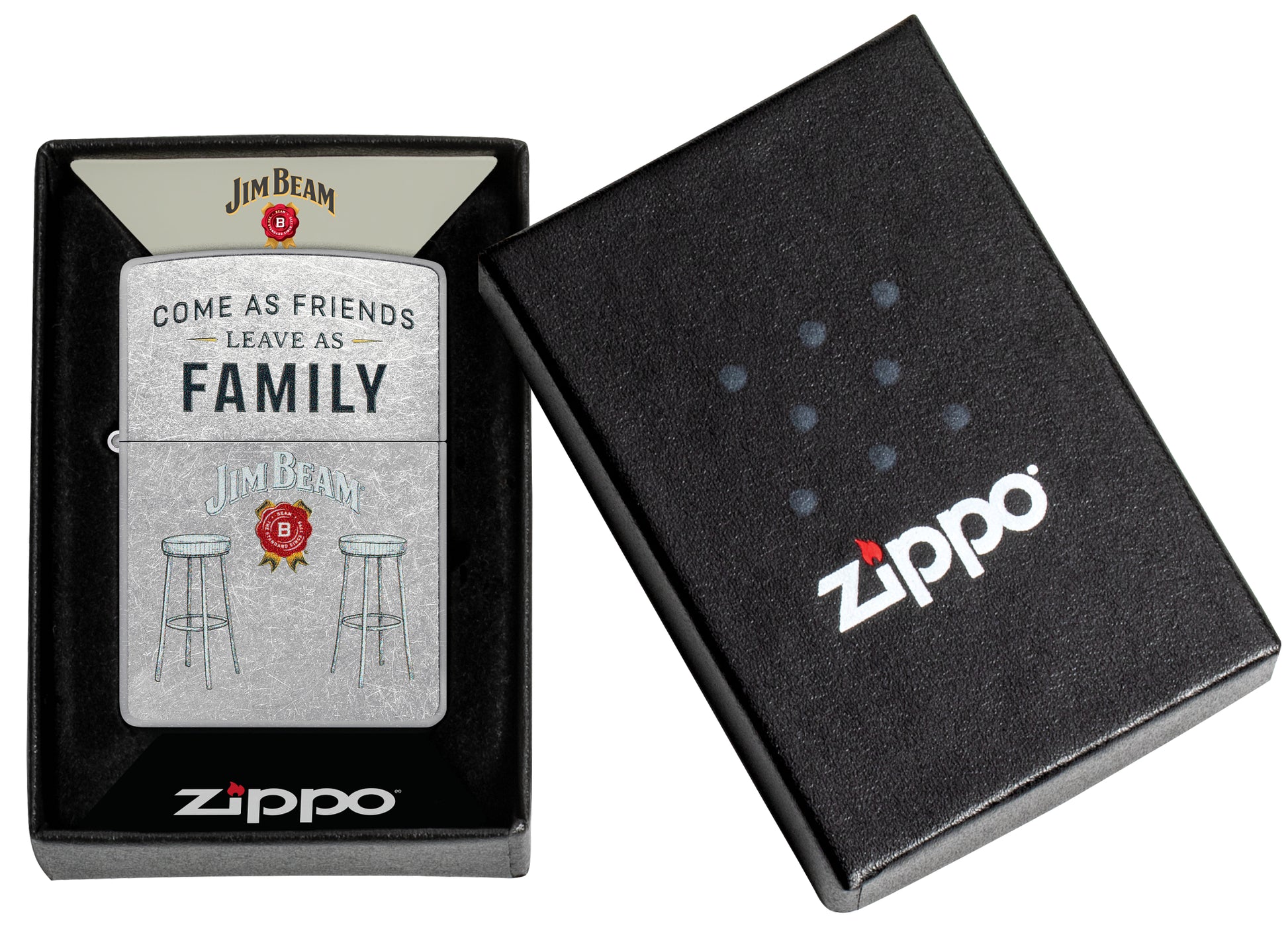 Zippo Jim Beam® Barstools Street Chrome Windproof Lighter  in its packaging.