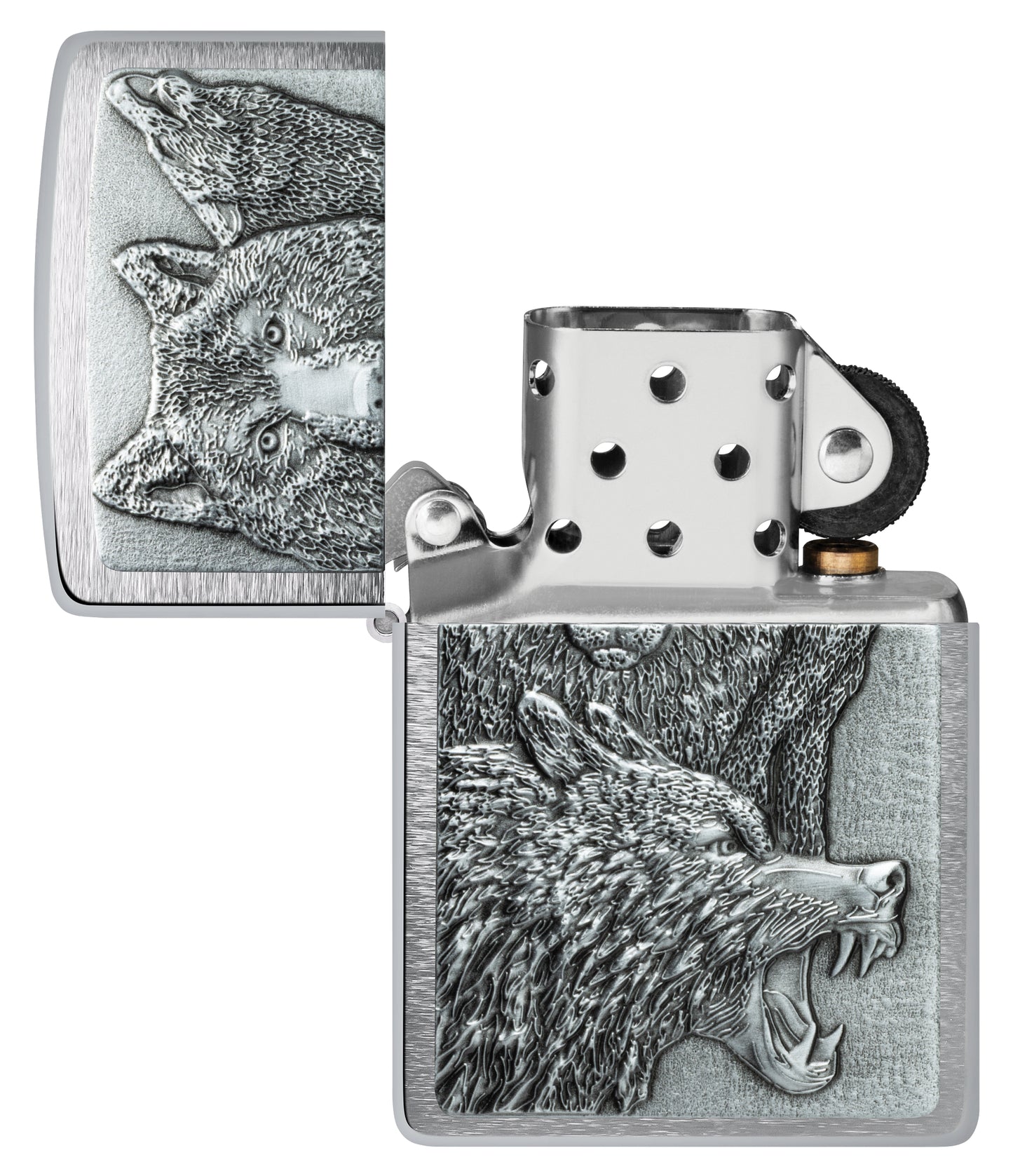 Zippo Wolf Pack Emblem Brushed Chrome Windproof Lighter with its lid open and unlit.