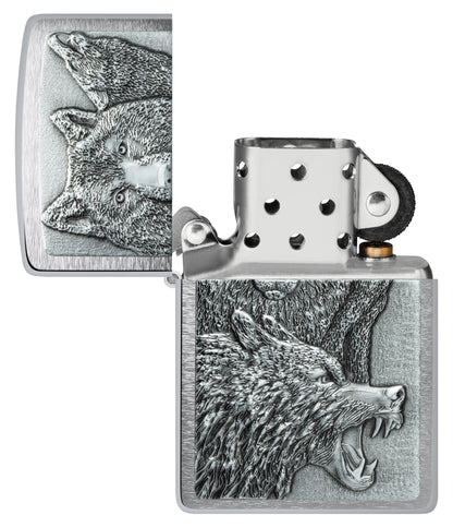 Zippo Wolf Pack Emblem Brushed Chrome Windproof Lighter with its lid open and unlit.