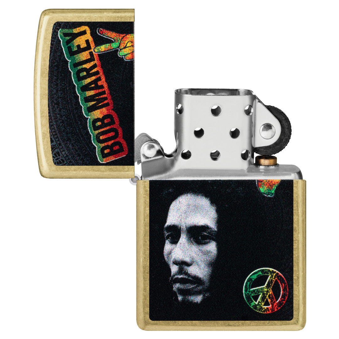 Zippo Bob Marley Peace Design Street Brass Windproof Lighter with its lid open and unlit.