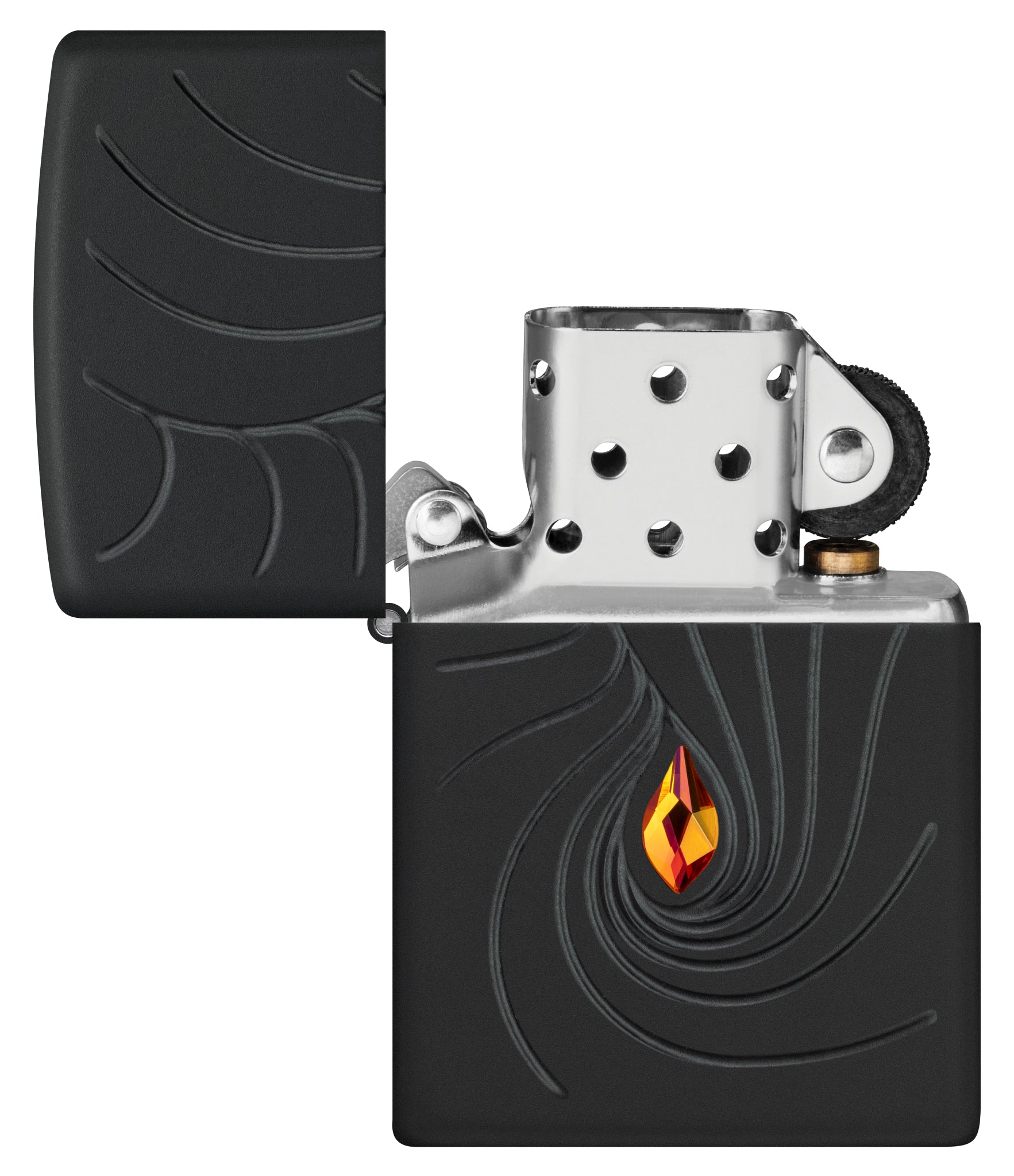 Zippo Crystal Waves Design Armor® Black Matte Windproof Lighter with its lid open and unlit.