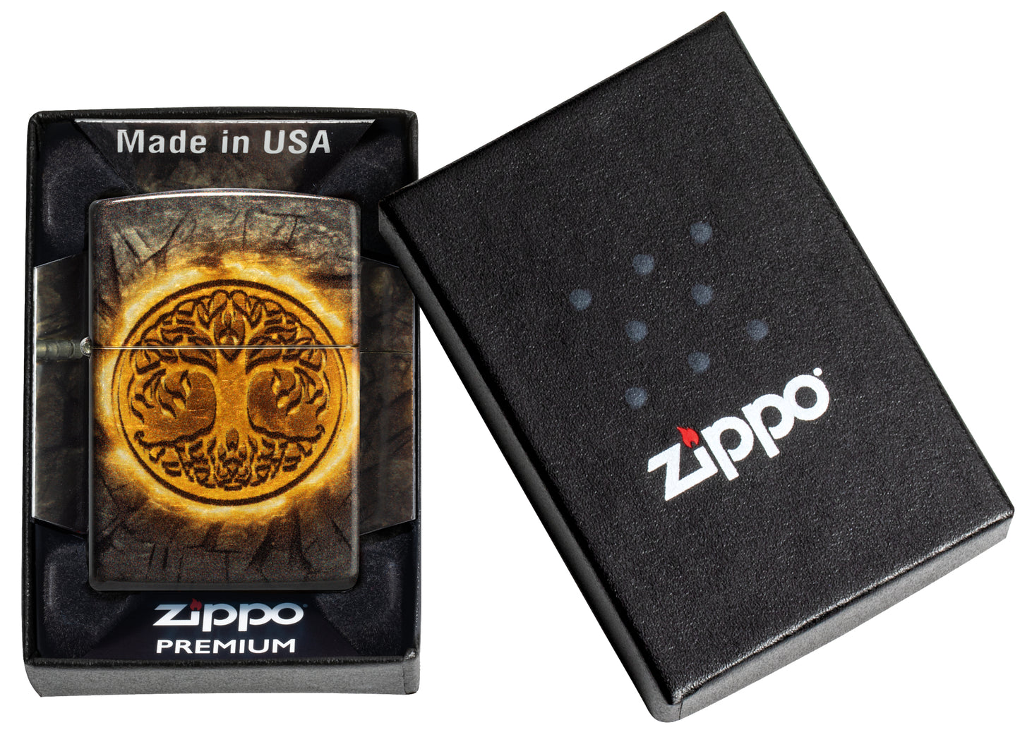Zippo Gleaming Tree of Life Design 540 Tumbled Brass Windproof Lighter in its packaging.