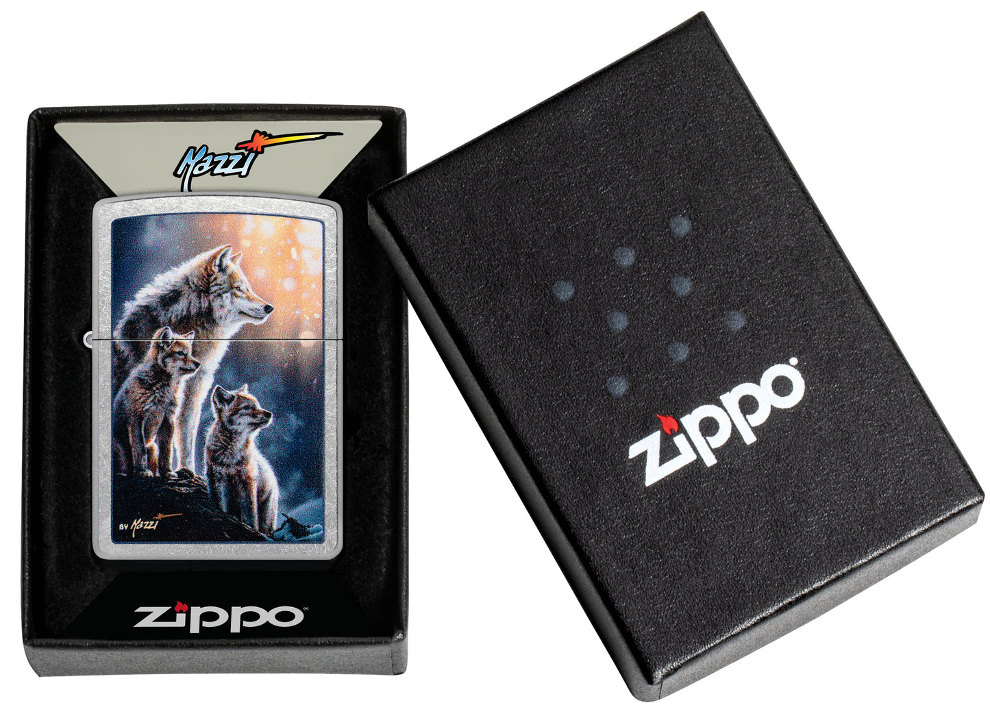 Zippo Mazzi® Wolf Pack Design Street Chrome Windproof Lighter in its packaging.