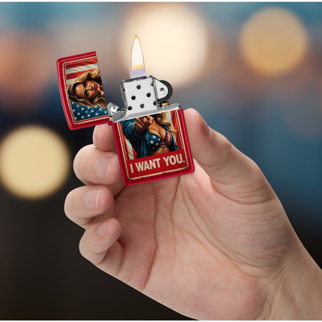 Zippo I Want You Design Candy Apple Red Windproof Lighter lit in hand.