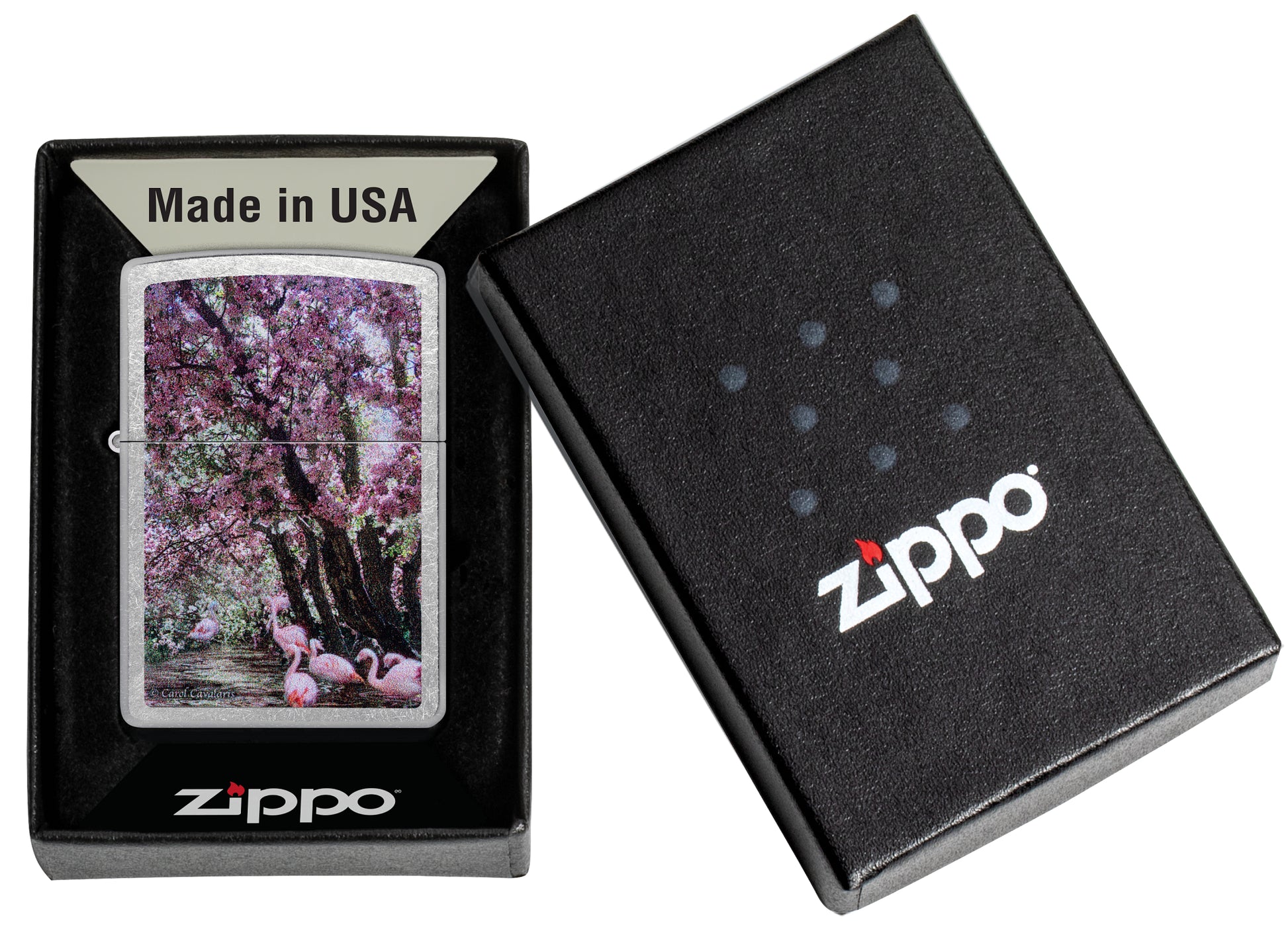 Zippo Carol Cavalaris Flamingo Lagoon Design Street Chrome Windproof Lighter  in its packaging.