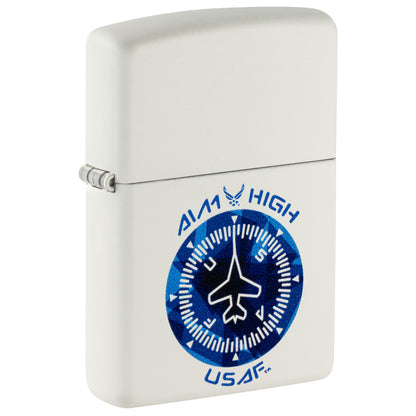 Front shot of Zippo U.S. Air Force™ Aim High Design White Matte Windproof Lighter standing at a 3/4 angle.