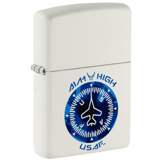 Front shot of Zippo U.S. Air Force™ Aim High Design White Matte Windproof Lighter standing at a 3/4 angle.