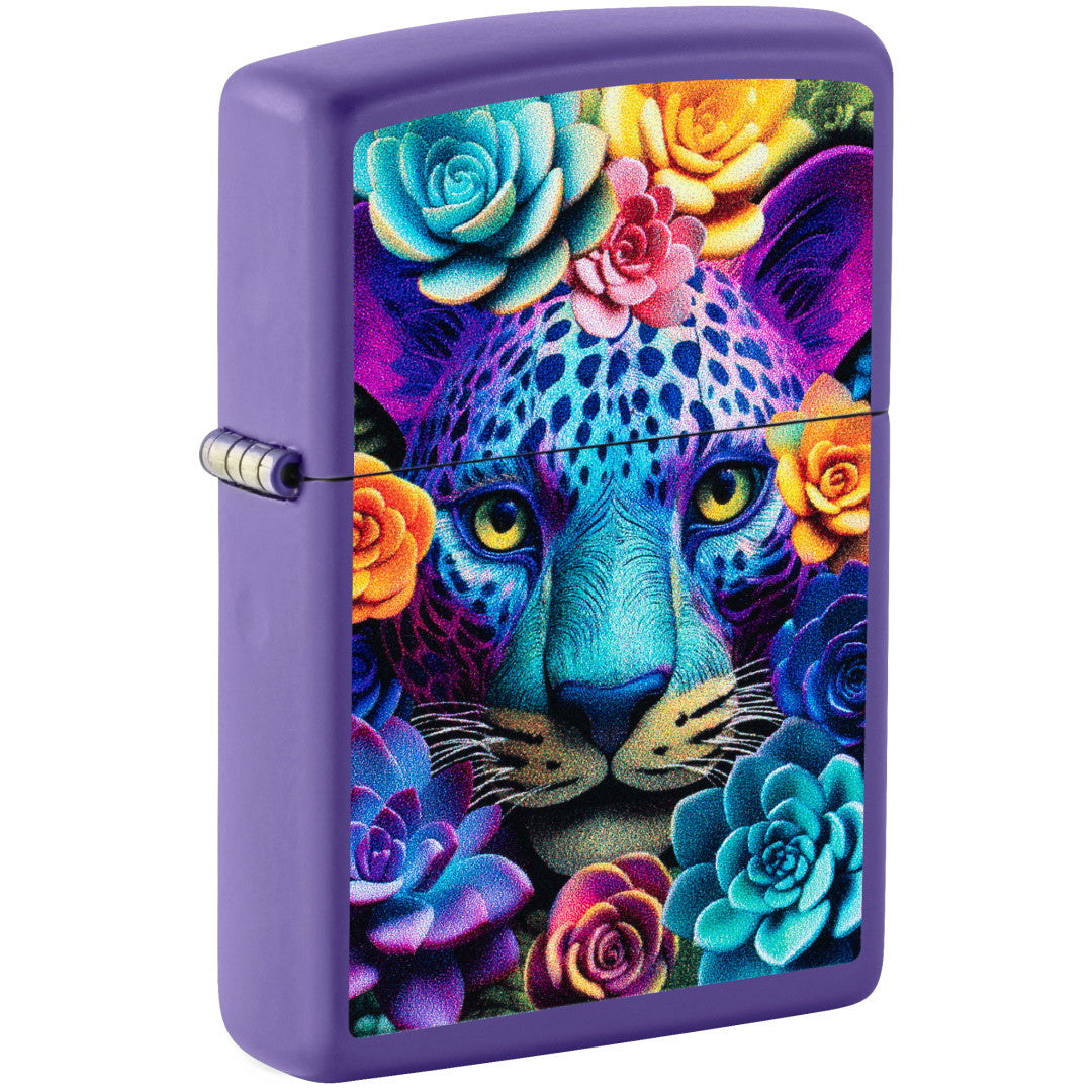 Front shot of Zippo Groovy Leopard Design Purple Matte Windproof Lighter standing at a 3/4 angle.