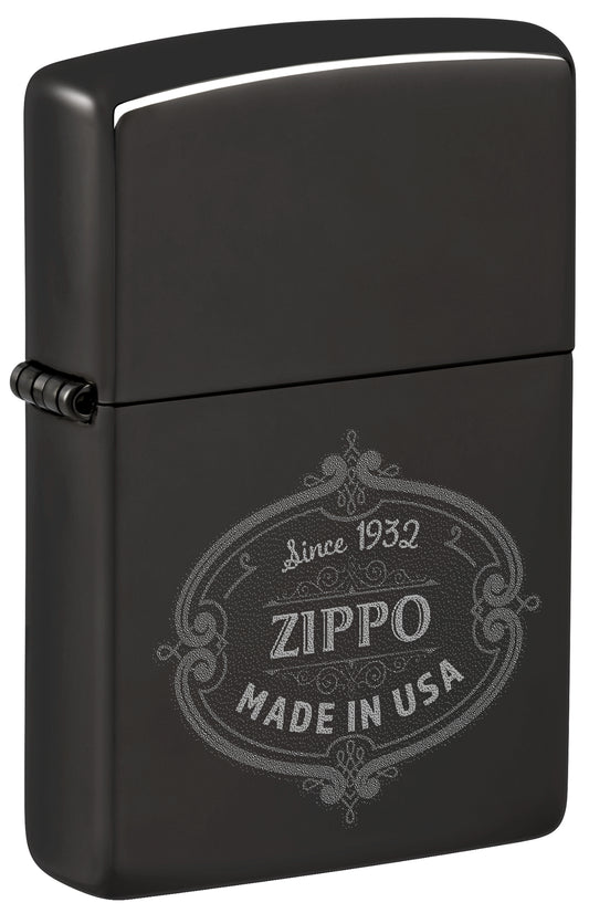 Front shot of Zippo Plaque Design High Polish Black Windproof Lighter standing at a 3/4 angle.