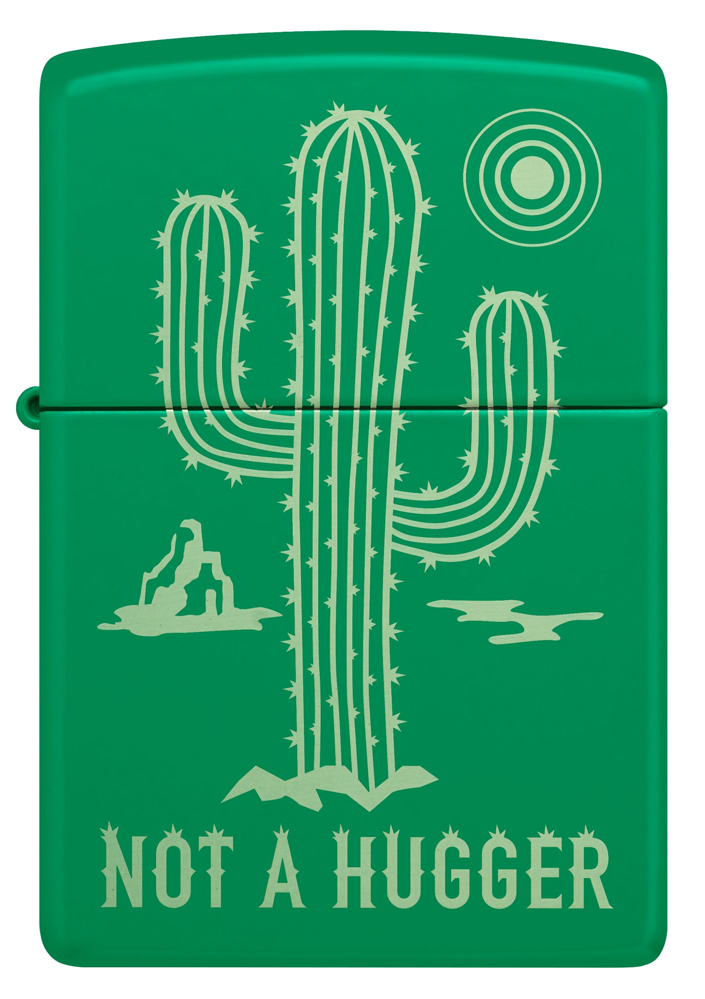 Front view of Zippo Not a Hugger Design Grass Green Matte Windproof Lighter.