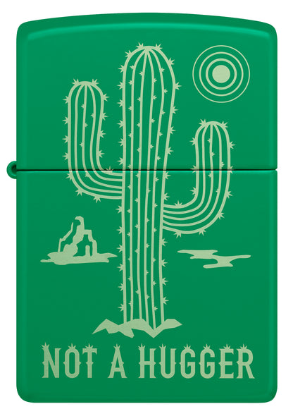 Front view of Zippo Not a Hugger Design Grass Green Matte Windproof Lighter.