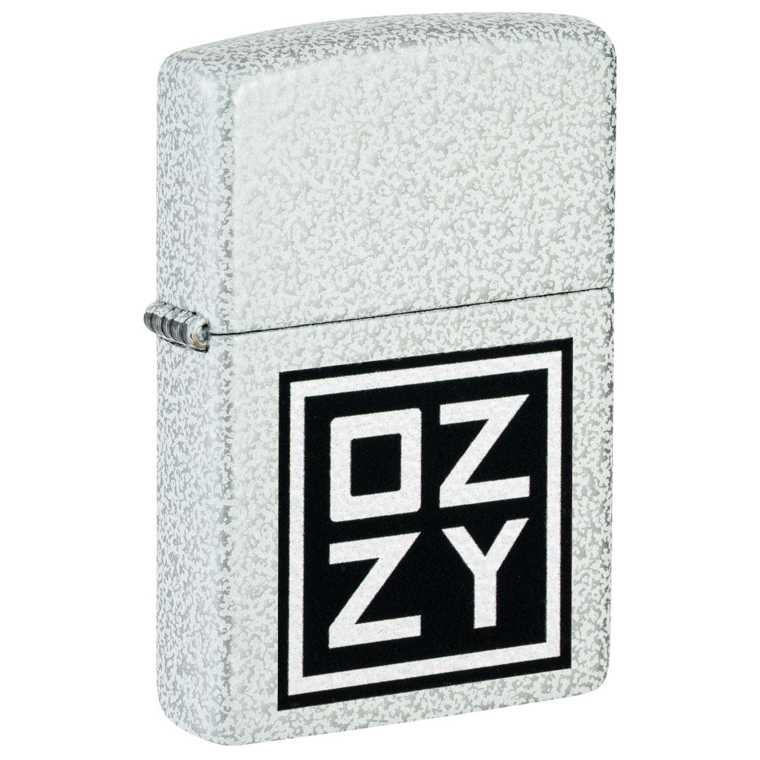 Front shot of Zippo Ozzy Osbourne Block Design Glacier Windproof Lighter standing at a 3/4 angle.