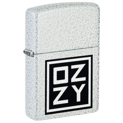 Front shot of Zippo Ozzy Osbourne Block Design Glacier Windproof Lighter standing at a 3/4 angle.