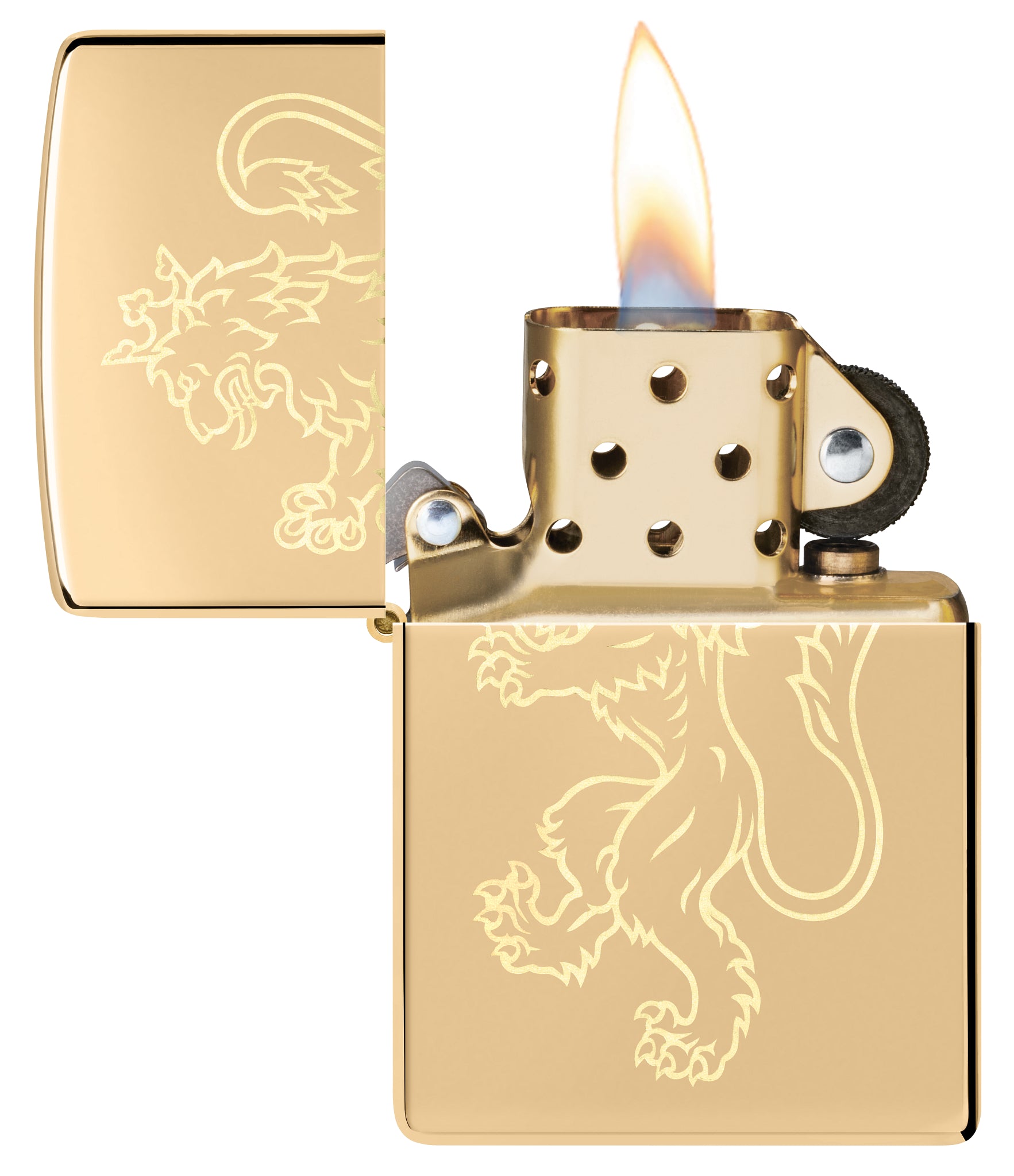 Zippo Fighting Lion Design High Polish Brass Windproof Lighter with its lid open and lit.
