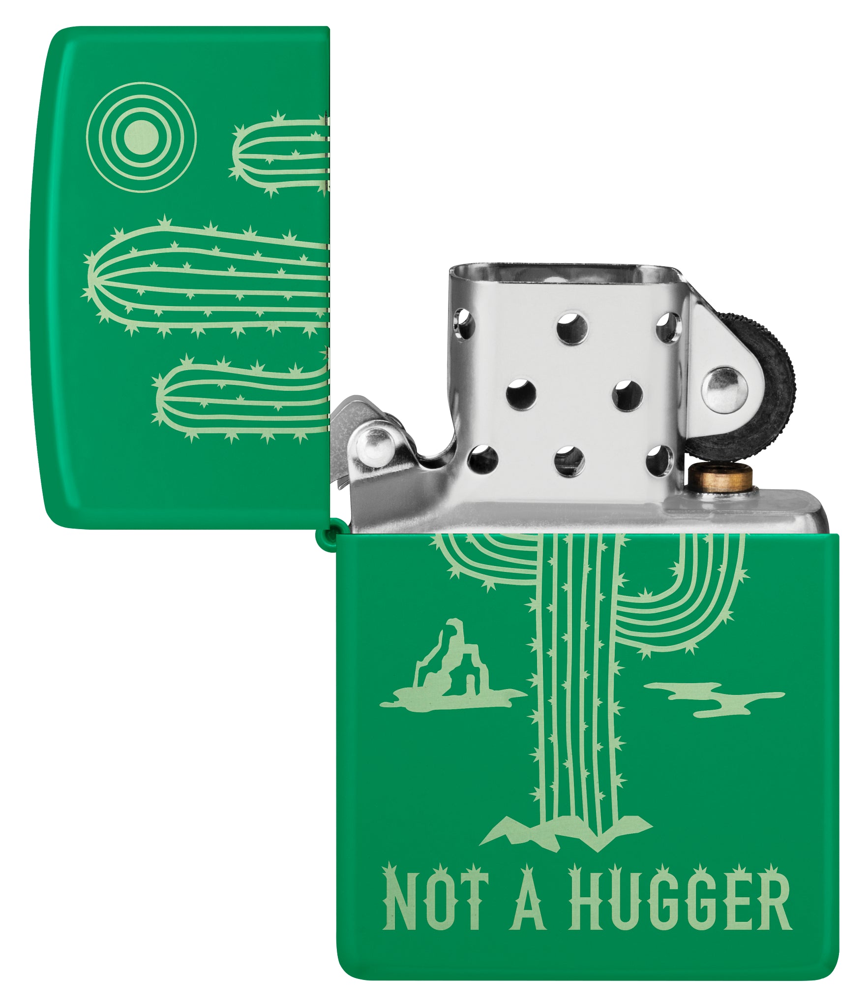 Zippo Not a Hugger Design Grass Green Matte Windproof Lighter with its lid open and unlit.