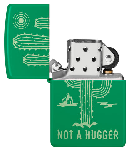 Zippo Not a Hugger Design Grass Green Matte Windproof Lighter with its lid open and unlit.