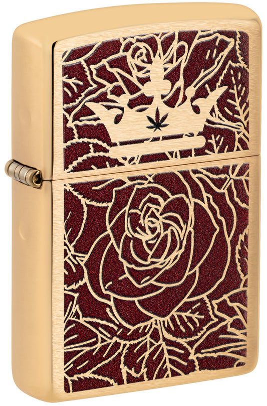 Front shot of Zippo Queen of Bud Rose and Crown Design Brushed Brass Windproof Lighter standing at a 3/4 angle.