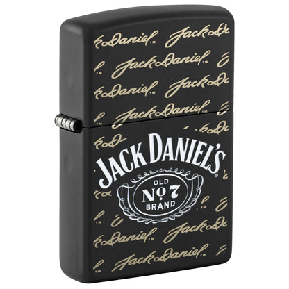Front shot of Zippo Jack Daniel's Signature Design Black Matte Windproof Lighter standing at a 3/4 angle.