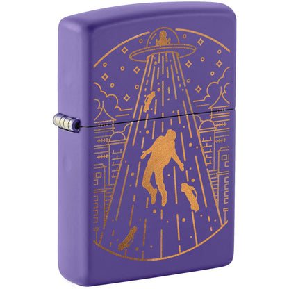 Front shot of Zippo Beam Me Up Design Purple Matte Windproof Lighter standing at a 3/4 angle.