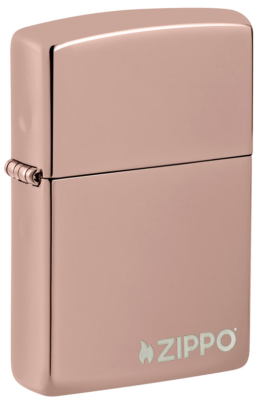 Front shot of High Polish Rose Gold Zippo Logo Windproof Lighter standing at a 3/4 angle.