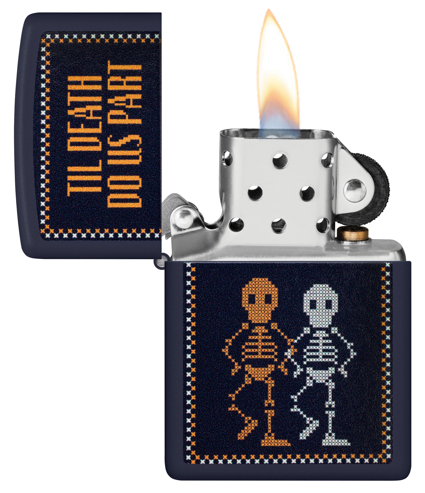 Zippo Til Death Do Us Part Design Navy Matte Windproof Lighter with its lid open and lit.