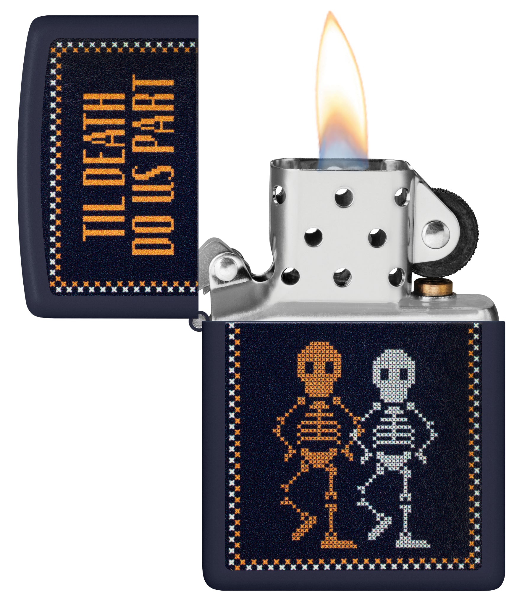 Zippo Til Death Do Us Part Design Navy Matte Windproof Lighter with its lid open and lit.