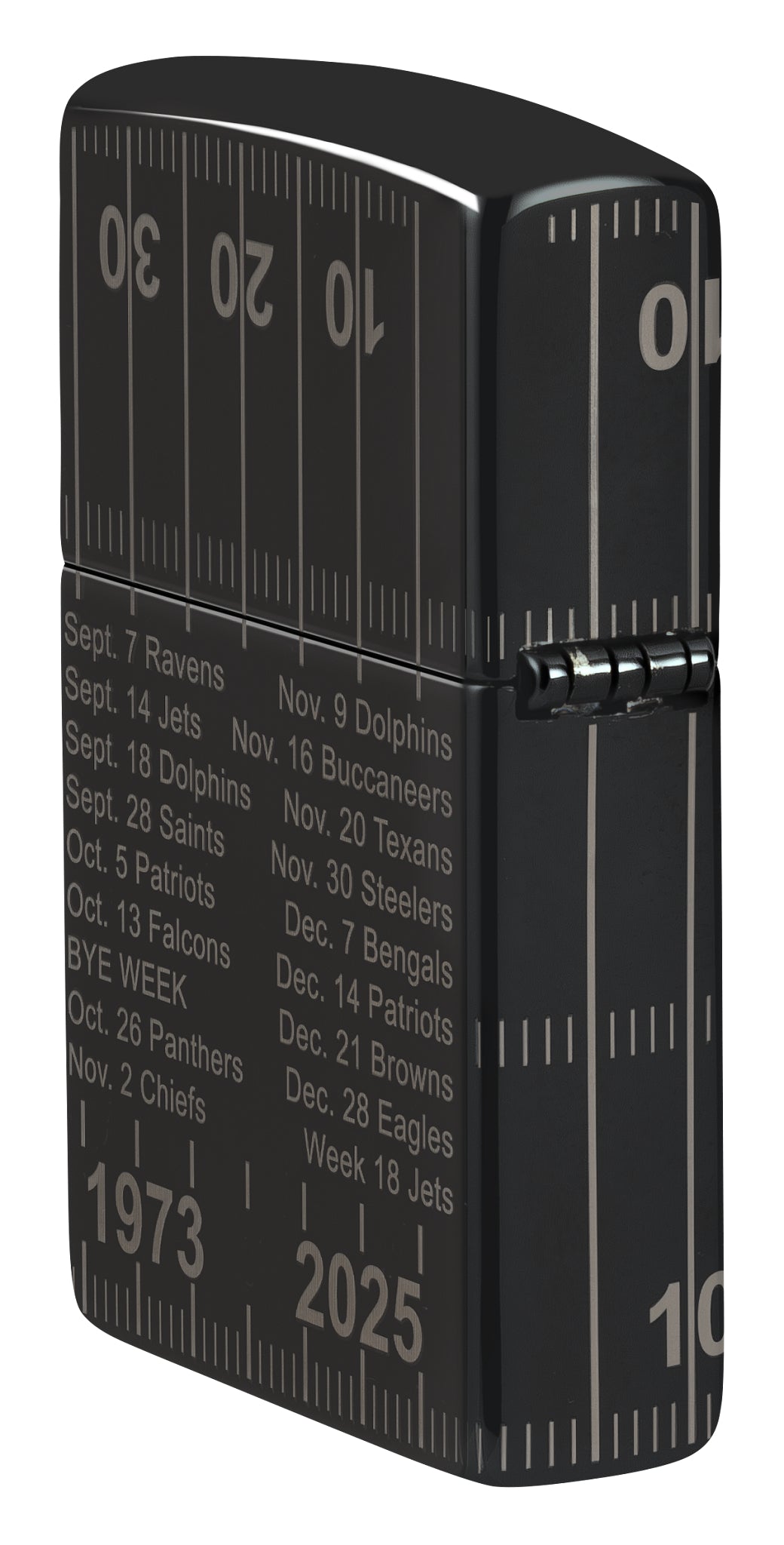Angled shot of  Zippo Buffalo Bills Farewell Season Design High Polish Black Windproof Lighter showing the back and hinge sides of the lighter.