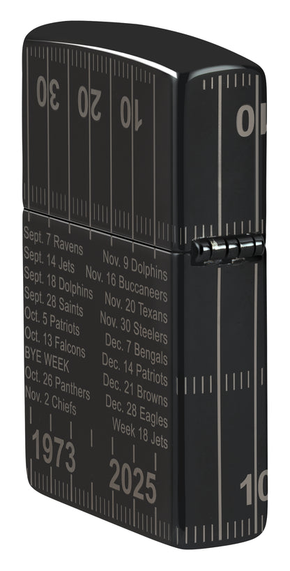 Angled shot of  Zippo Buffalo Bills Farewell Season Design High Polish Black Windproof Lighter showing the back and hinge sides of the lighter.