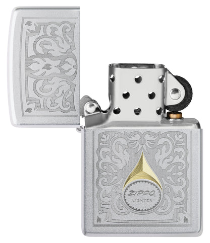 Zippo Vintage Filigree Design Satin Chrome Windproof Lighter with its lid open and unlit.