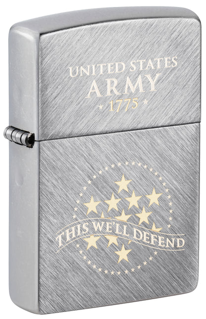 Front shot of Zippo U.S. Army® This We'll Defend Design Herringbone Sweep Windproof Lighter standing at a 3/4 angle.