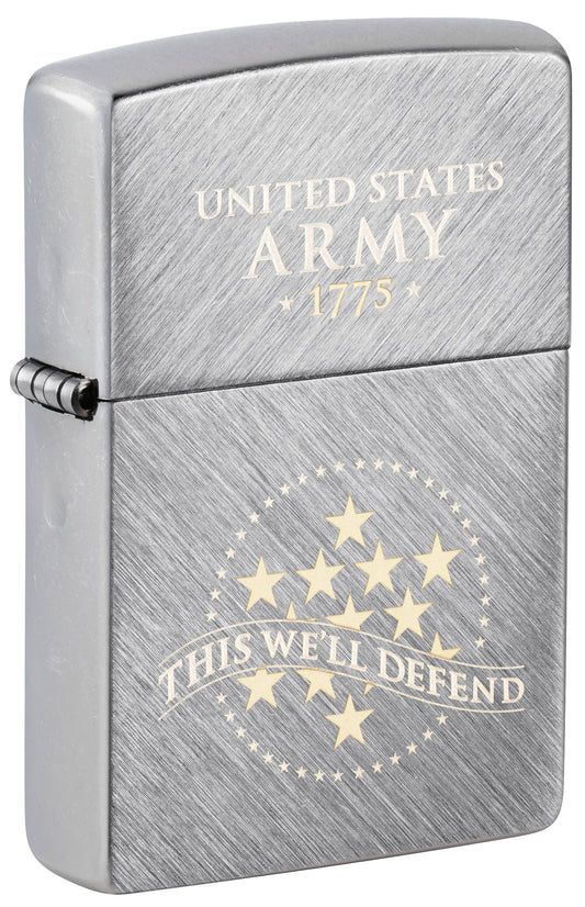 Front shot of Zippo U.S. Army® This We'll Defend Design Herringbone Sweep Windproof Lighter standing at a 3/4 angle.