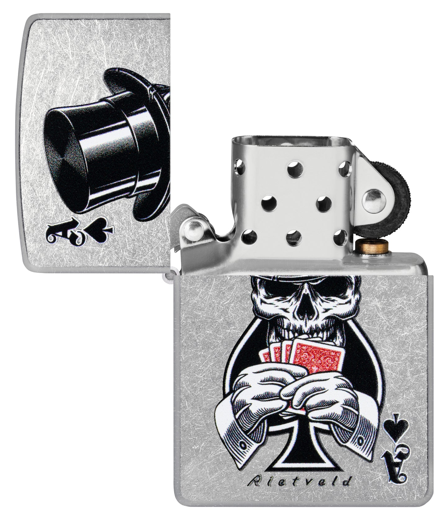 Zippo Rietveld Ace of Spades Design Street Chrome Windproof Lighter with its lid open and unlit.