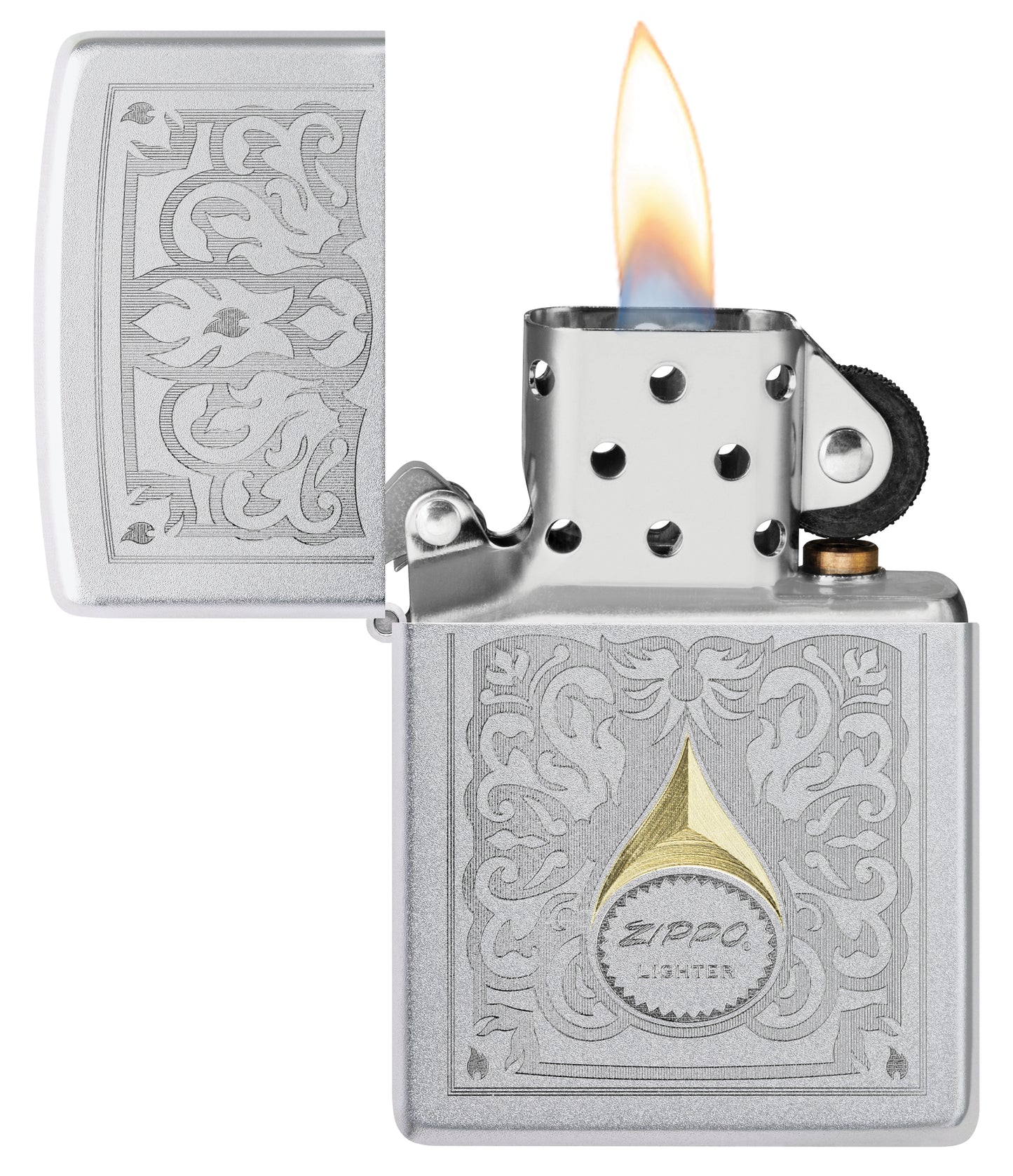 Zippo Vintage Filigree Design Satin Chrome Windproof Lighter with its lid open and lit.