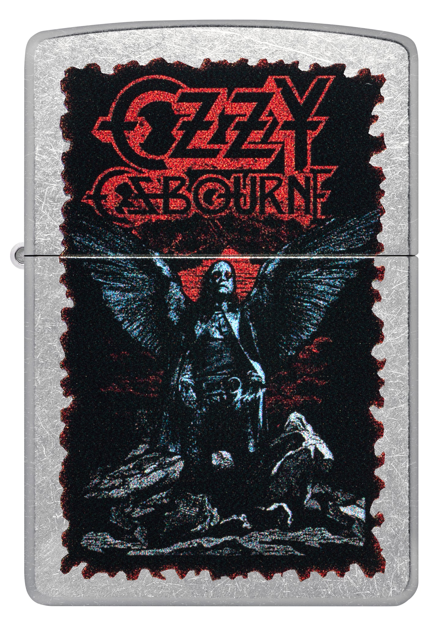 Front view of Zippo Ozzy Osbourne Angel Wings Design Street Chrome Windproof Lighter.