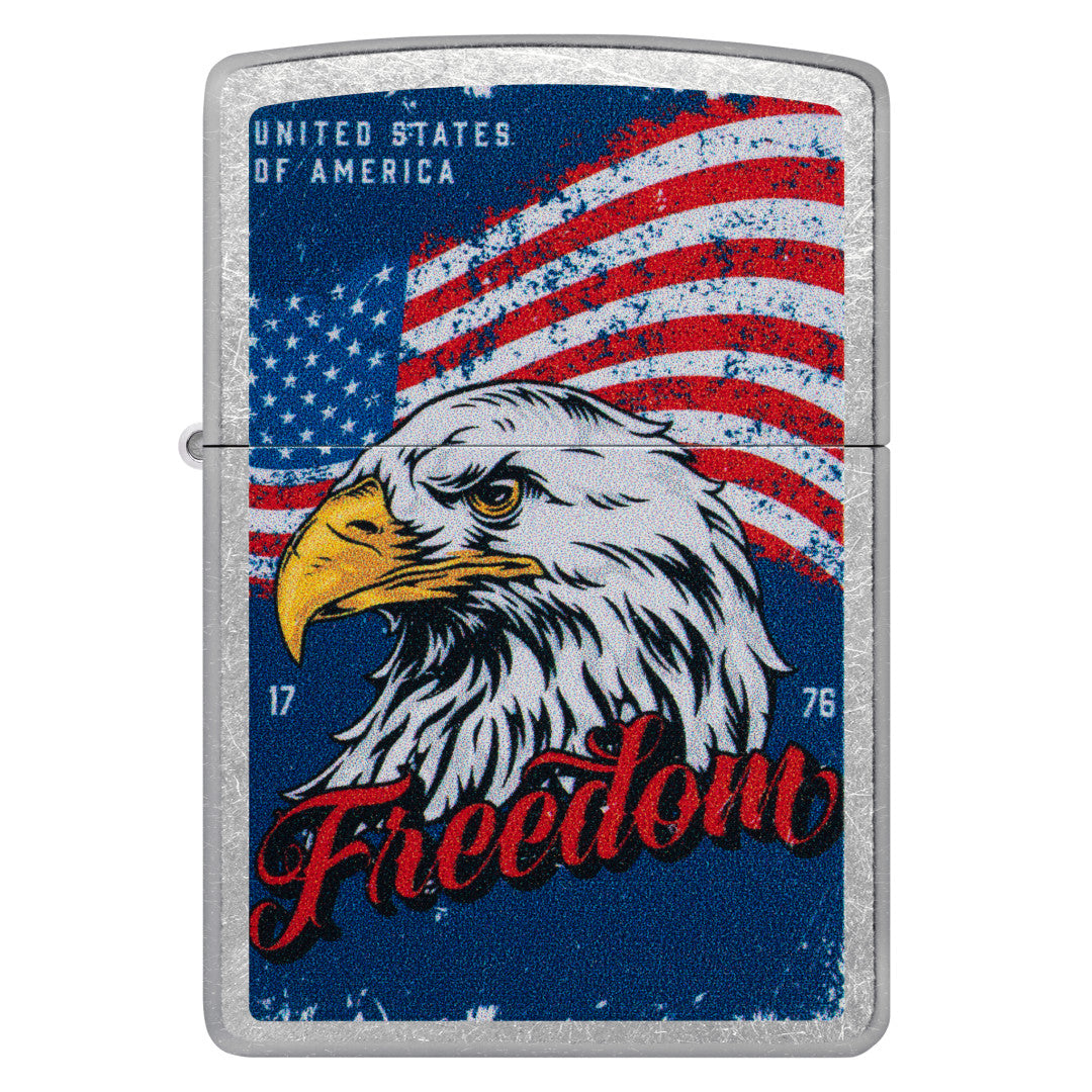Front view of Zippo Freedom Eagle Design Street Chrome Windproof Lighter.