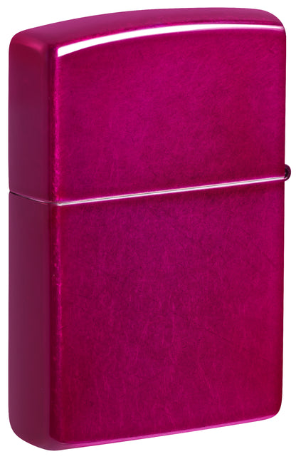 Back view of Zippo Classic Candy Raspberry Windproof Lighter standing at a 3/4 angle.