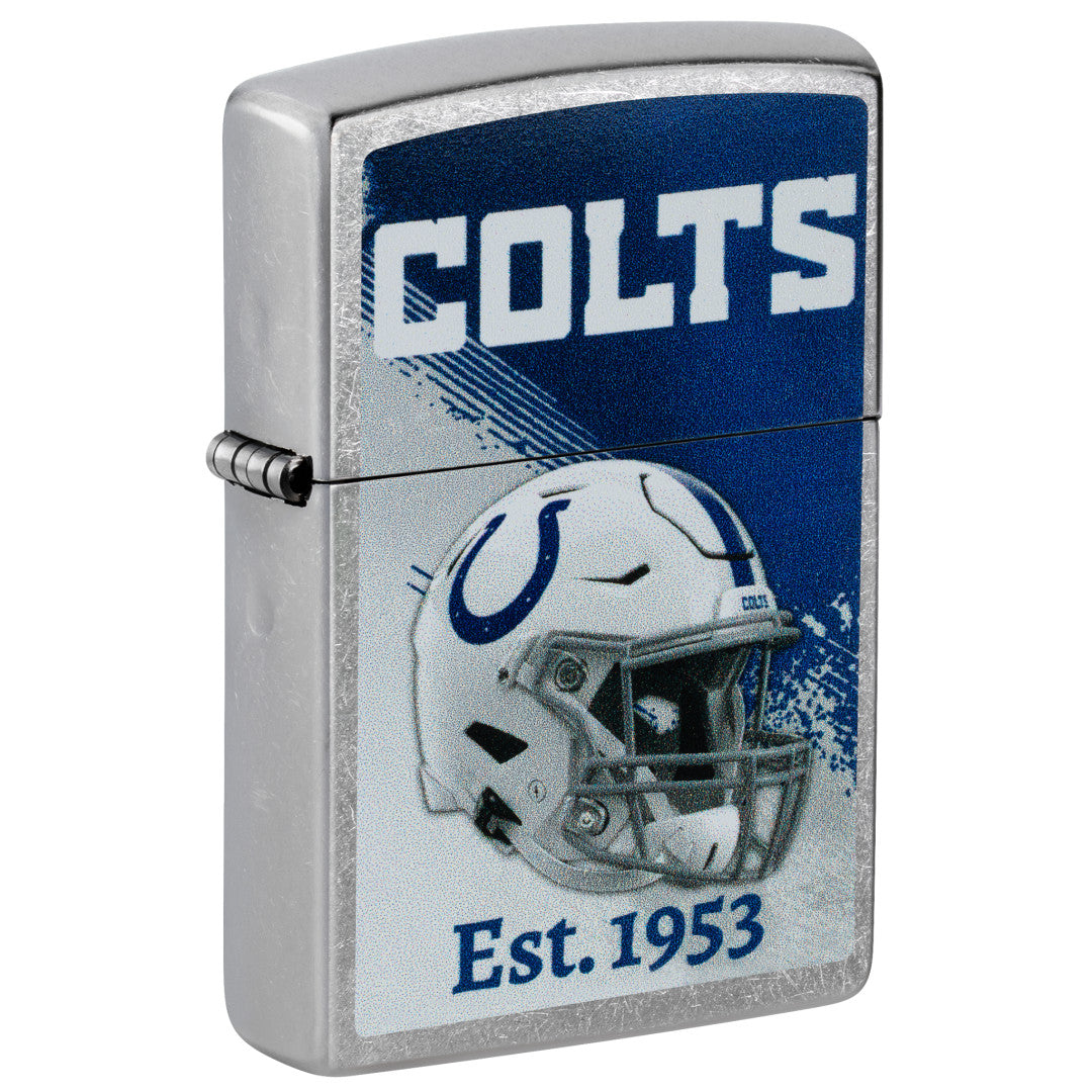 Front shot of Zippo NFL Indianapolis Colts Helmet Design Street Chrome Windproof Lighter standing at a 3/4 angle.