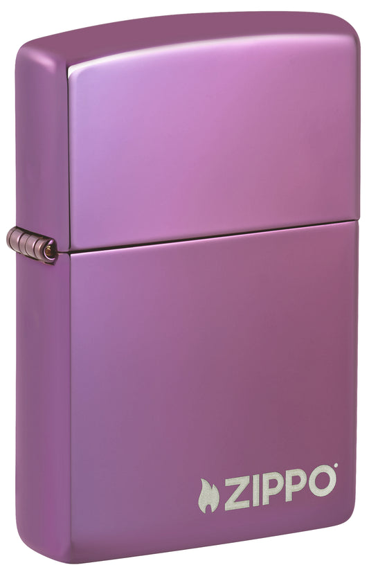 Front shot of Classic High Polish Purple Windproof Lighter with Zippo Logo standing at a 3/4 angle.