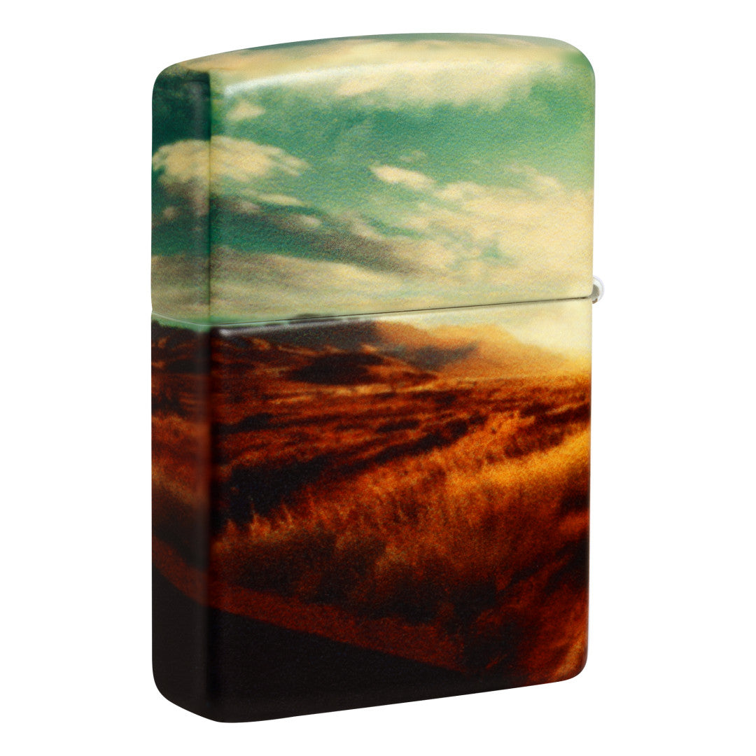 Back view of Zippo American Road Trip Design 540 Color Windproof Lighterstanding at a 3/4 angle.