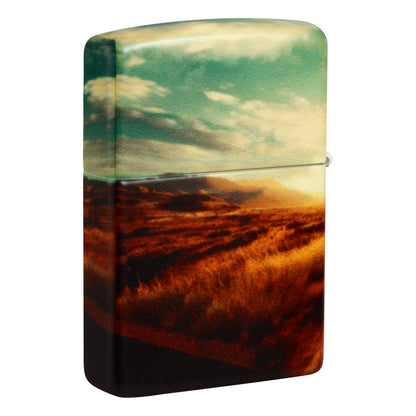Back view of Zippo American Road Trip Design 540 Color Windproof Lighterstanding at a 3/4 angle.