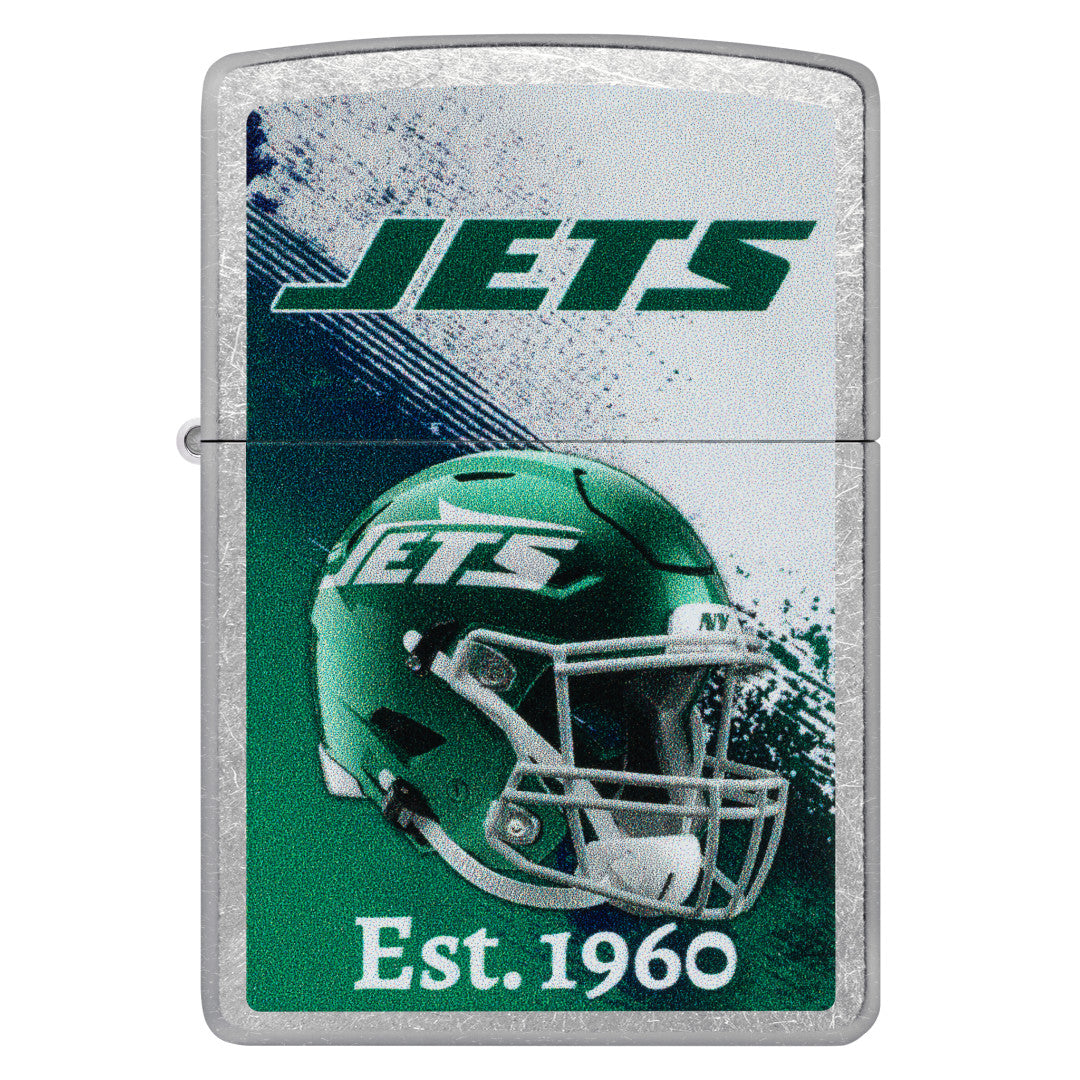 Front view of Zippo NFL New York Jets Helmet Design Street Chrome Windproof Lighter.