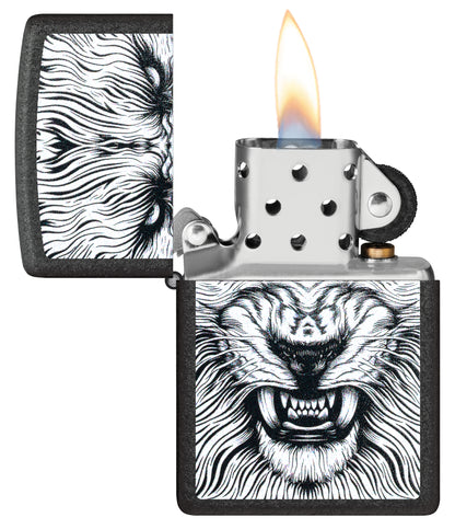Zippo Say Cheese Design Black Crackle® Windproof Lighter with its lid open and lit.