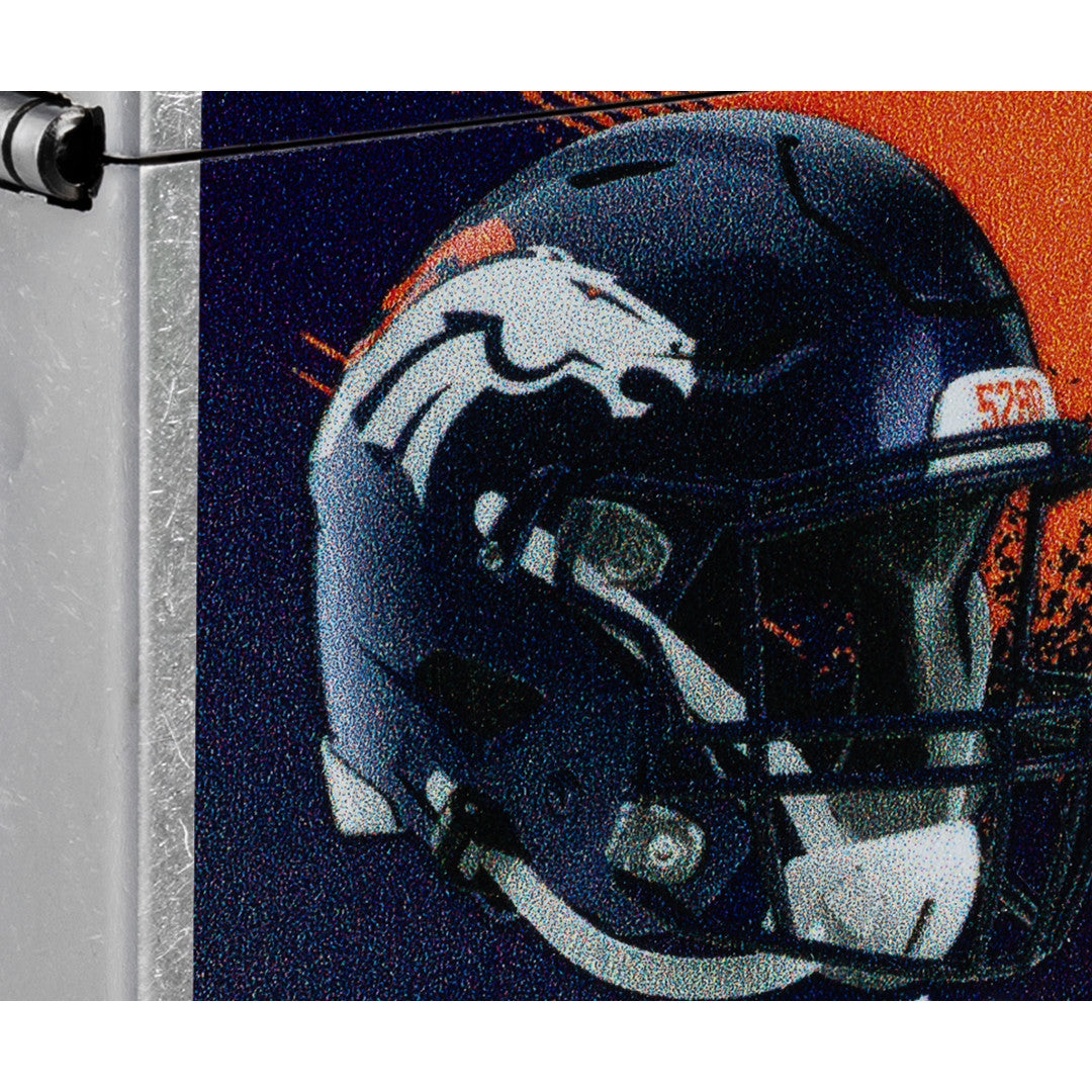 Front view of Zippo NFL Denver Broncos Helmet Design Street Chrome Windproof Lighter close up to show the detail of the lighter.
