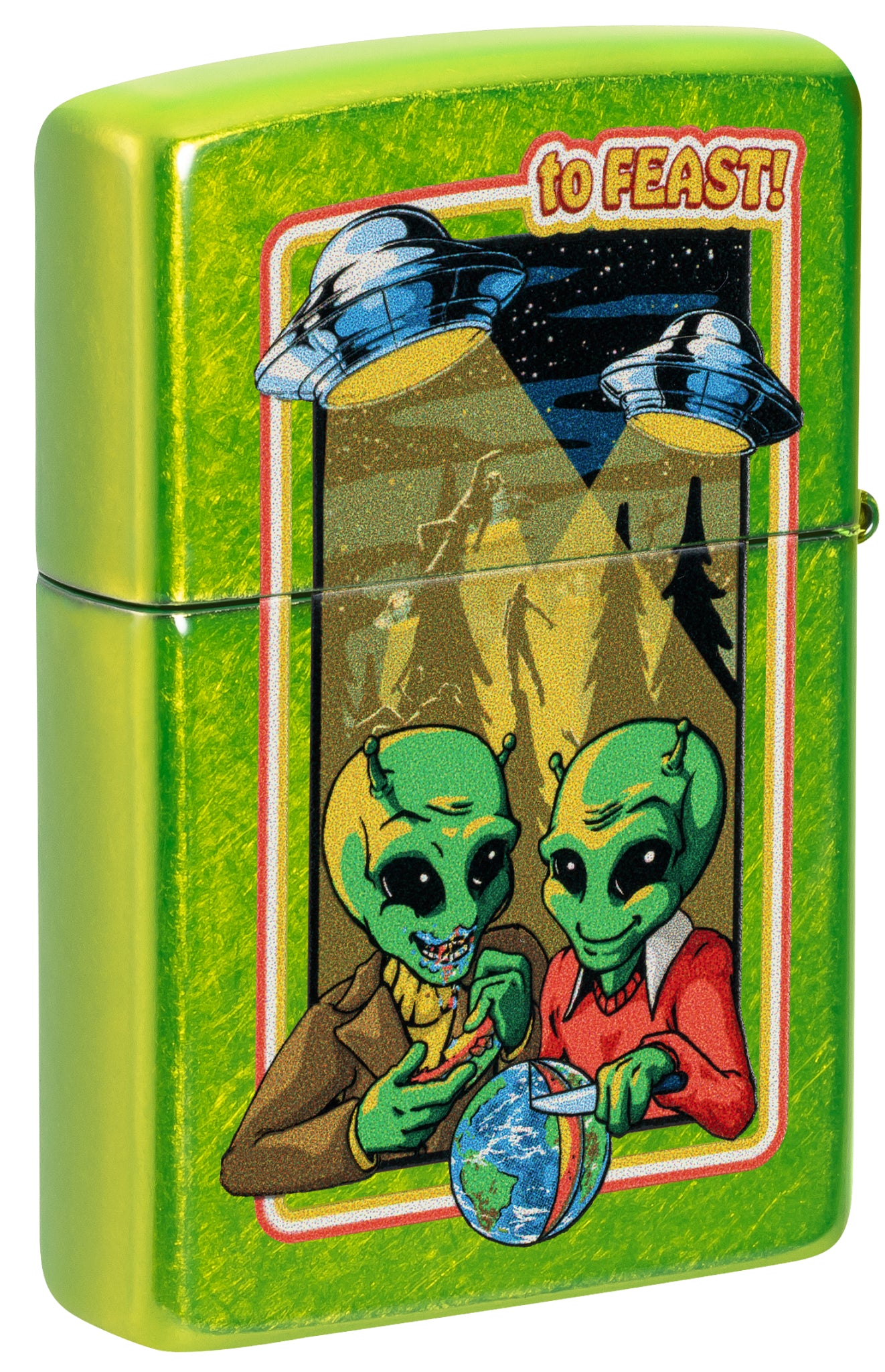 Back view of Zippo Take Me To Your Feeder Design Classic Lurid Windproof Lighterstanding at a 3/4 angle.