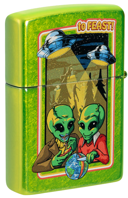 Back view of Zippo Take Me To Your Feeder Design Classic Lurid Windproof Lighterstanding at a 3/4 angle.