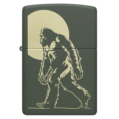 Front view of Zippo Sasquatch Stroll Design Green Matte Windproof Lighter.