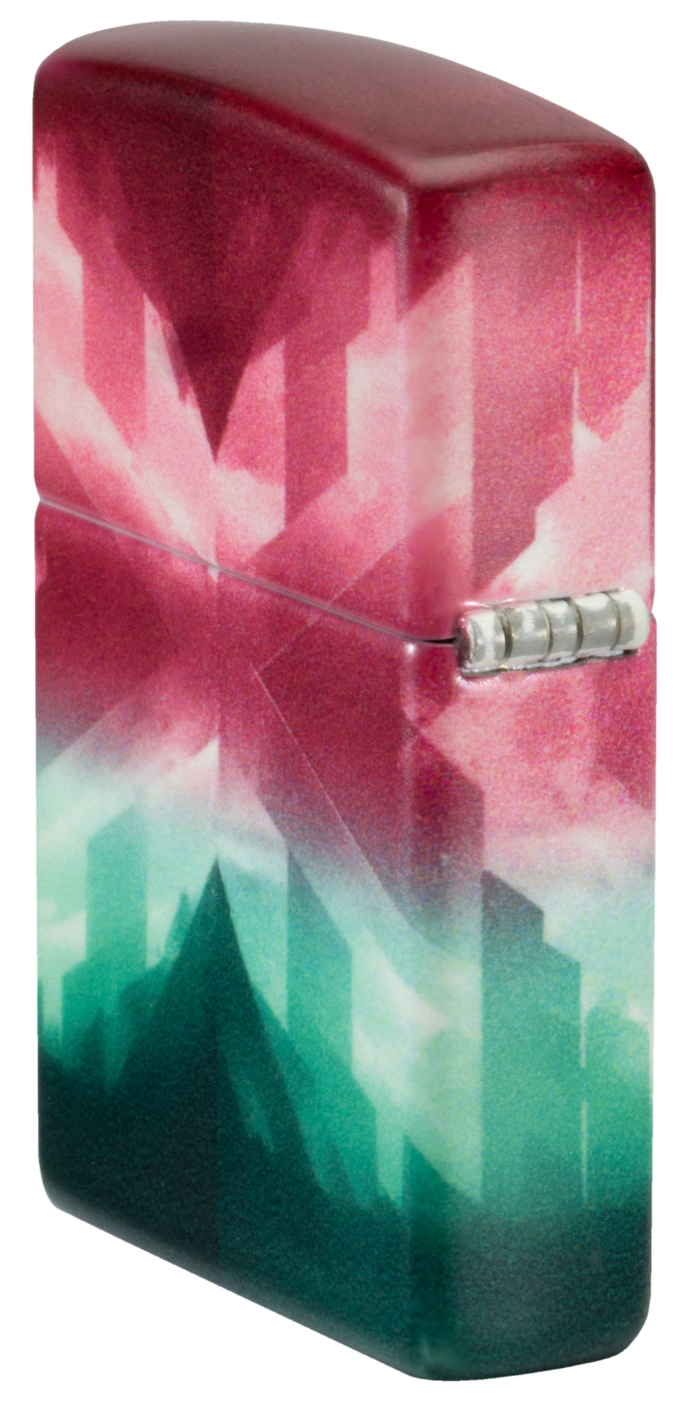 Angled shot of  Zippo Wicked City Design Glow in the dark Green Windproof Lighter showing the back and hinge sides of the lighter.